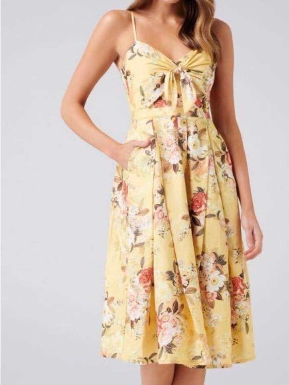 Forever New Mia Linen Blend MIDI Dress Yellow Floral Tie-Front Size 8 Pleated